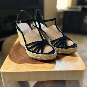 Colin Stuart Black Wedge T-Strap Espadrilles Sz 8M